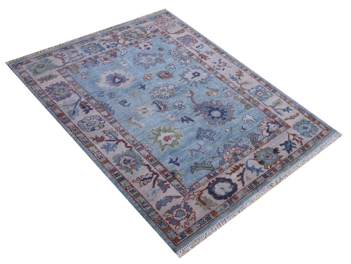 Light Blue Ivory Floral Oriental Oushak Hand Knotted 5.6x8 Area Rug