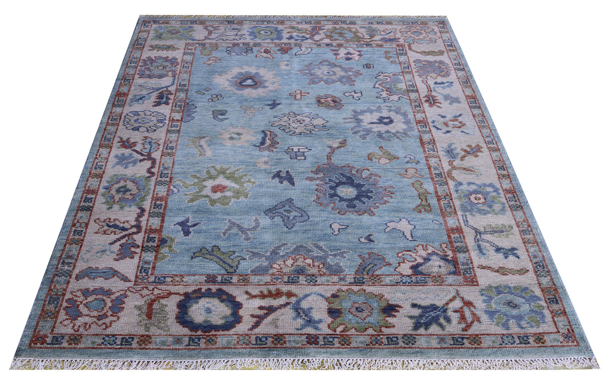 Light Blue Ivory Floral Oriental Oushak Hand Knotted 5.6x8 Area Rug