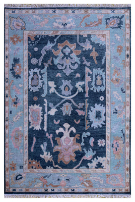 5.6x8 Dark Teal Light Blue Floral Hand Knotted Oriental Oushak Area Rug