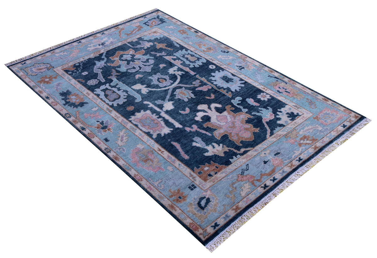 5.6x8 Dark Teal Light Blue Floral Hand Knotted Oriental Oushak Area Rug