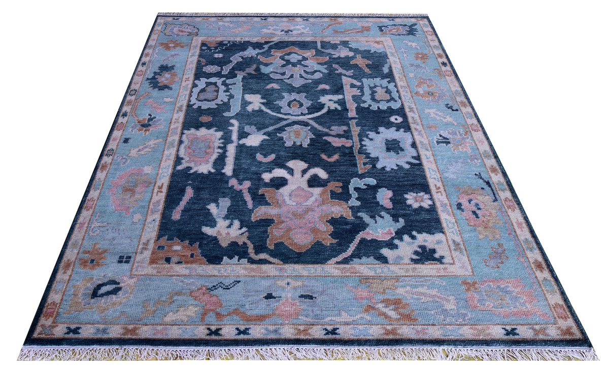 5.6x8 Dark Teal Light Blue Floral Hand Knotted Oriental Oushak Area Rug