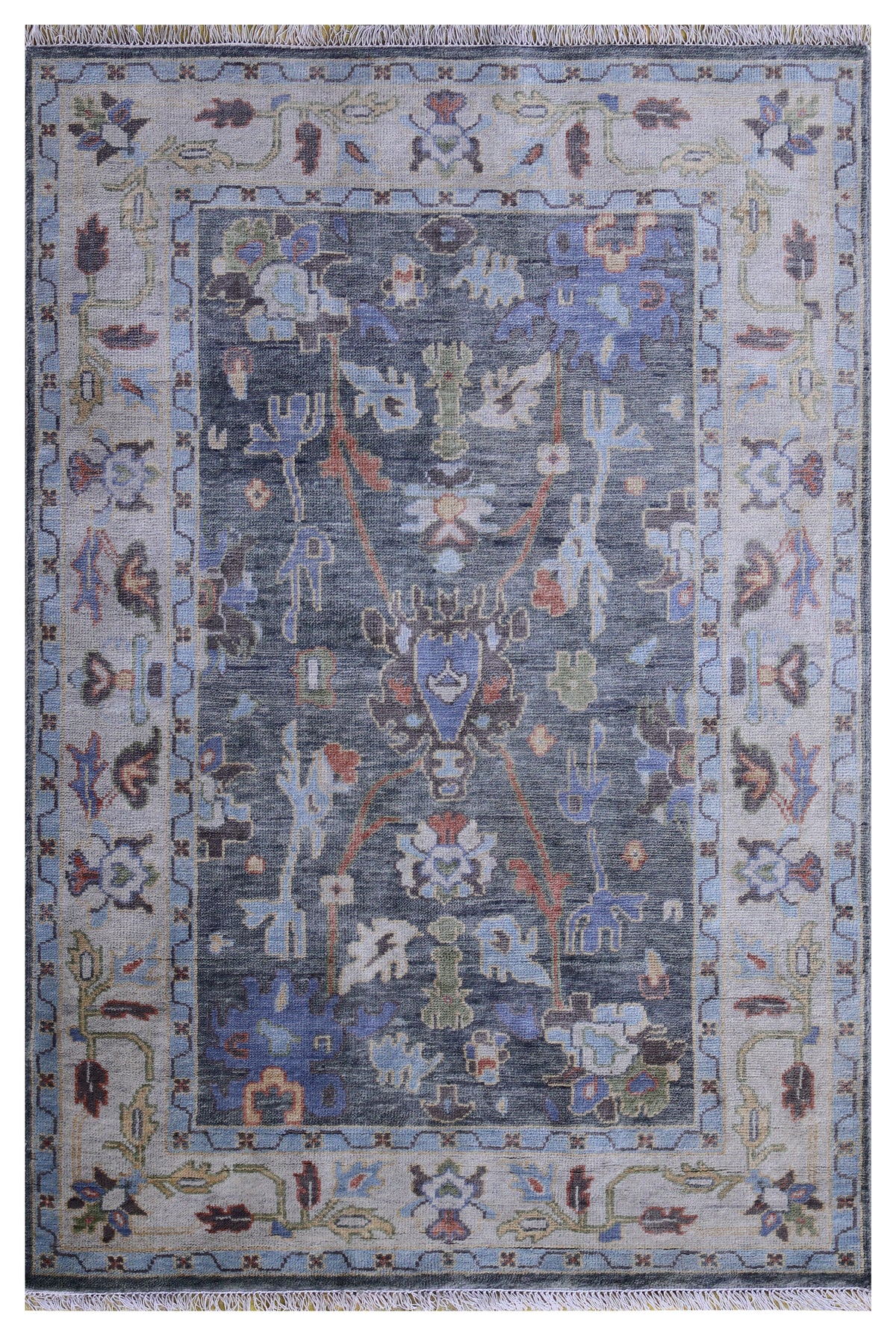Beige Charcoal Floral Hand Knotted Traditional Oriental Oushak 5.6x8 Area Rug