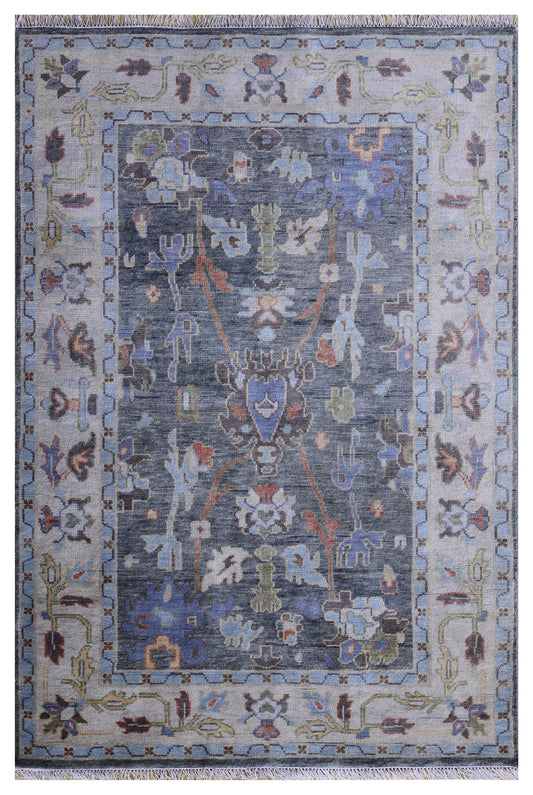 Beige Charcoal Floral Hand Knotted Traditional Oriental Oushak 5.6x8 Area Rug