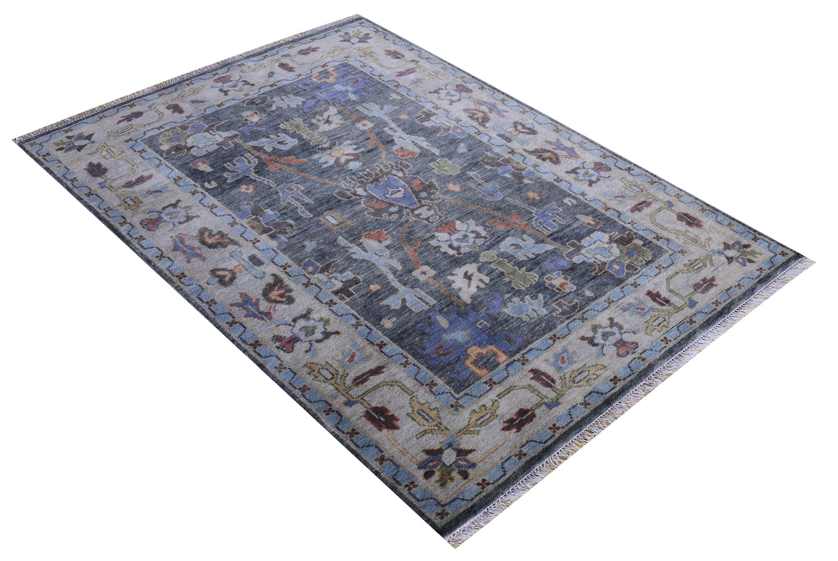 Beige Charcoal Floral Hand Knotted Traditional Oriental Oushak 5.6x8 Area Rug