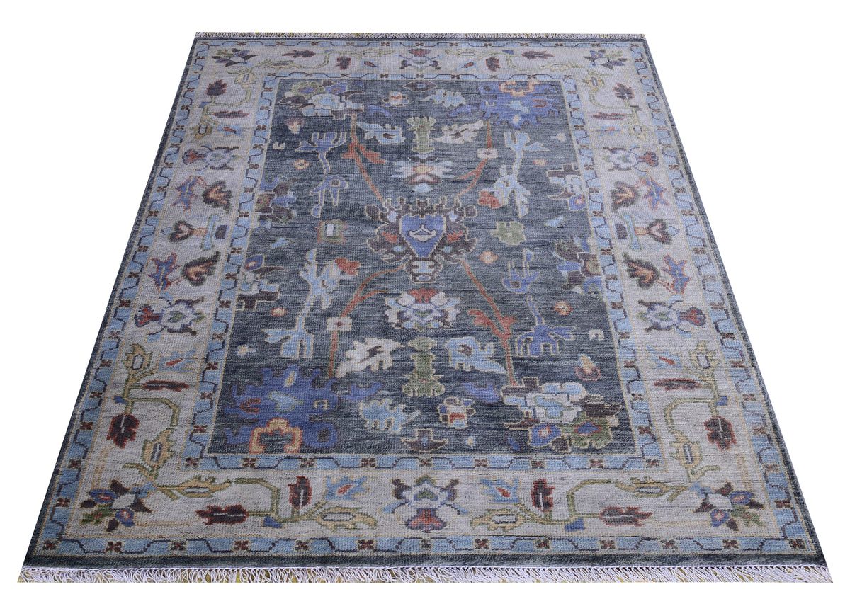 Beige Charcoal Floral Hand Knotted Traditional Oriental Oushak 5.6x8 Area Rug