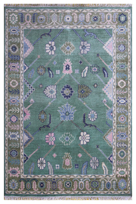 Traditional Oriental Oushak Light Green Olive Floral Hand Knotted 5.6x8 Area Rug
