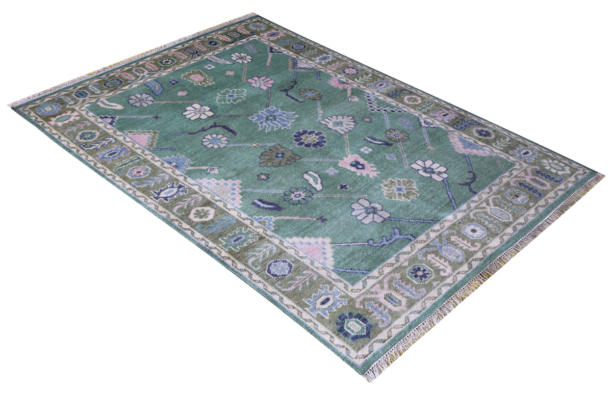 Traditional Oriental Oushak Light Green Olive Floral Hand Knotted 5.6x8 Area Rug