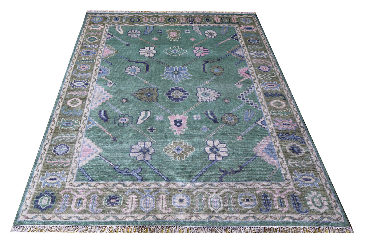 Traditional Oriental Oushak Light Green Olive Floral Hand Knotted 5.6x8 Area Rug