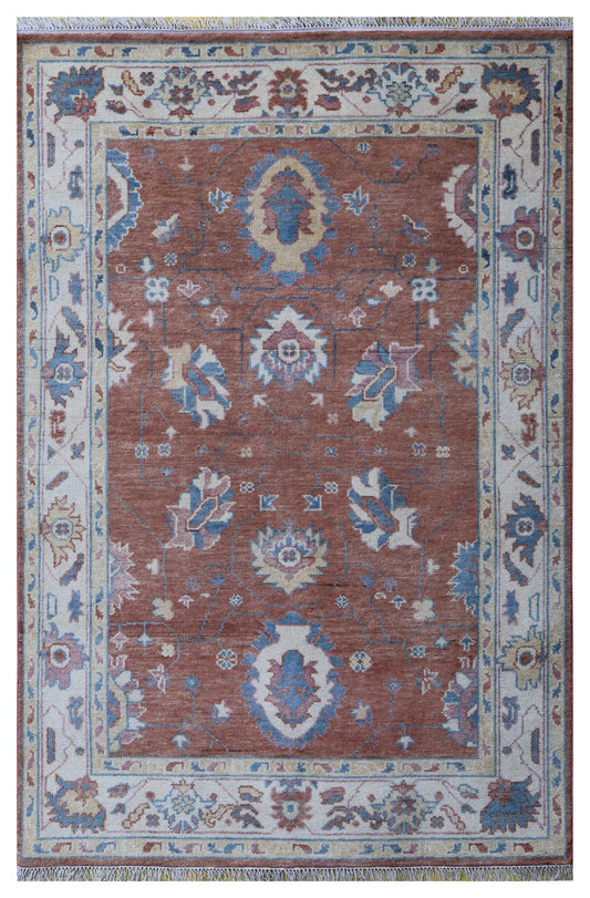 Hand Knotted Rust Orange Ivory Floral Oriental Oushak 5.6x8 Area Rug