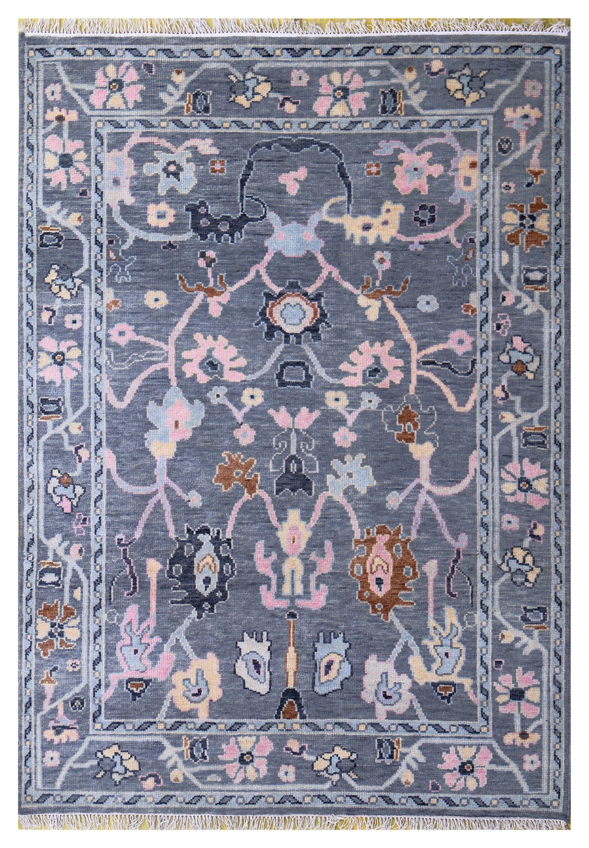 Steel Grey Oushak Floral Vine Botanical Hand Knotted Wool Area Rug
