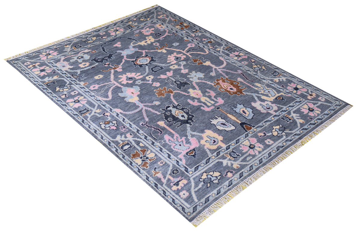 Steel Grey Oushak Floral Vine Botanical Hand Knotted Wool Area Rug
