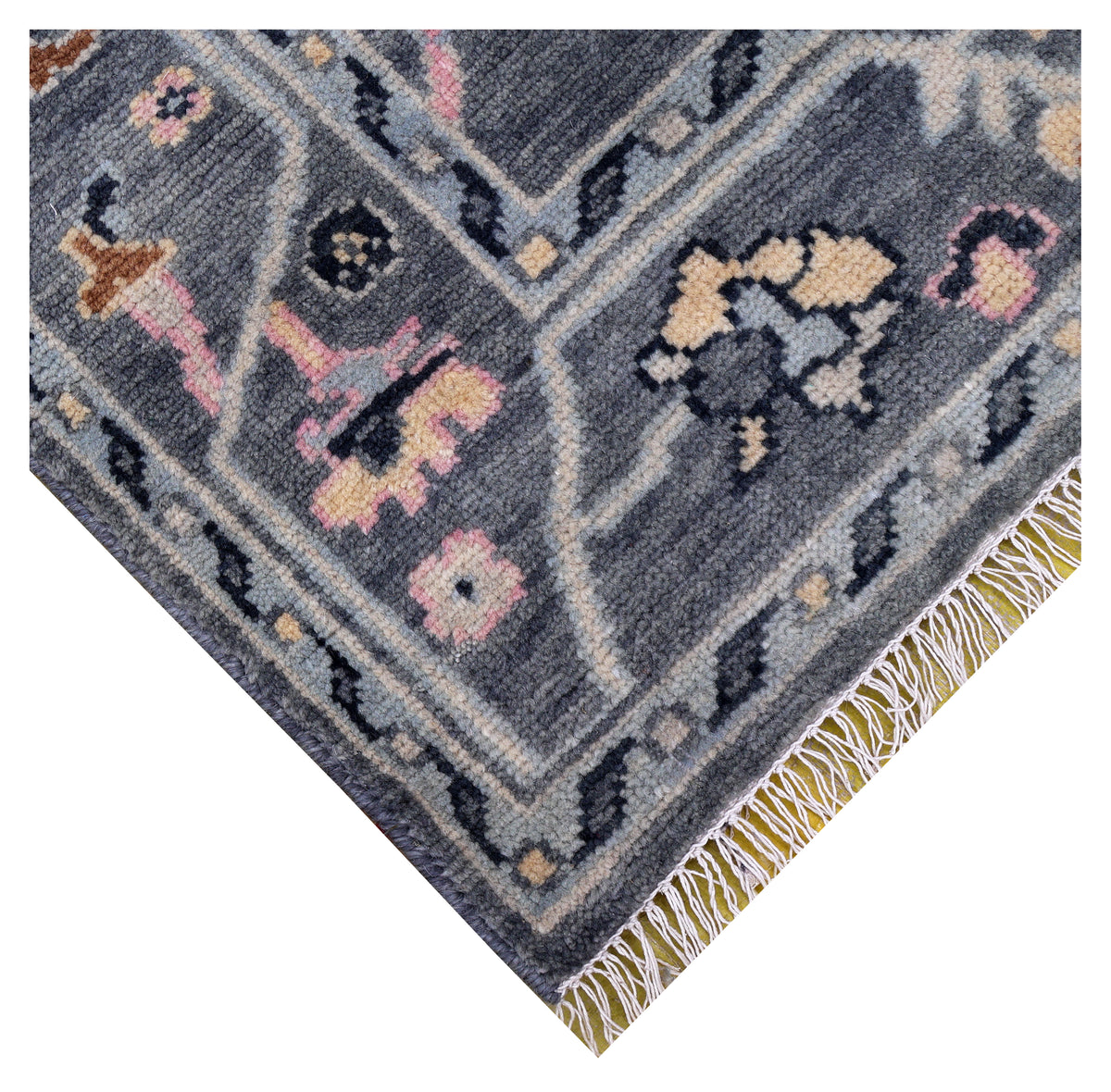 Steel Grey Oushak Floral Vine Botanical Hand Knotted Wool Area Rug