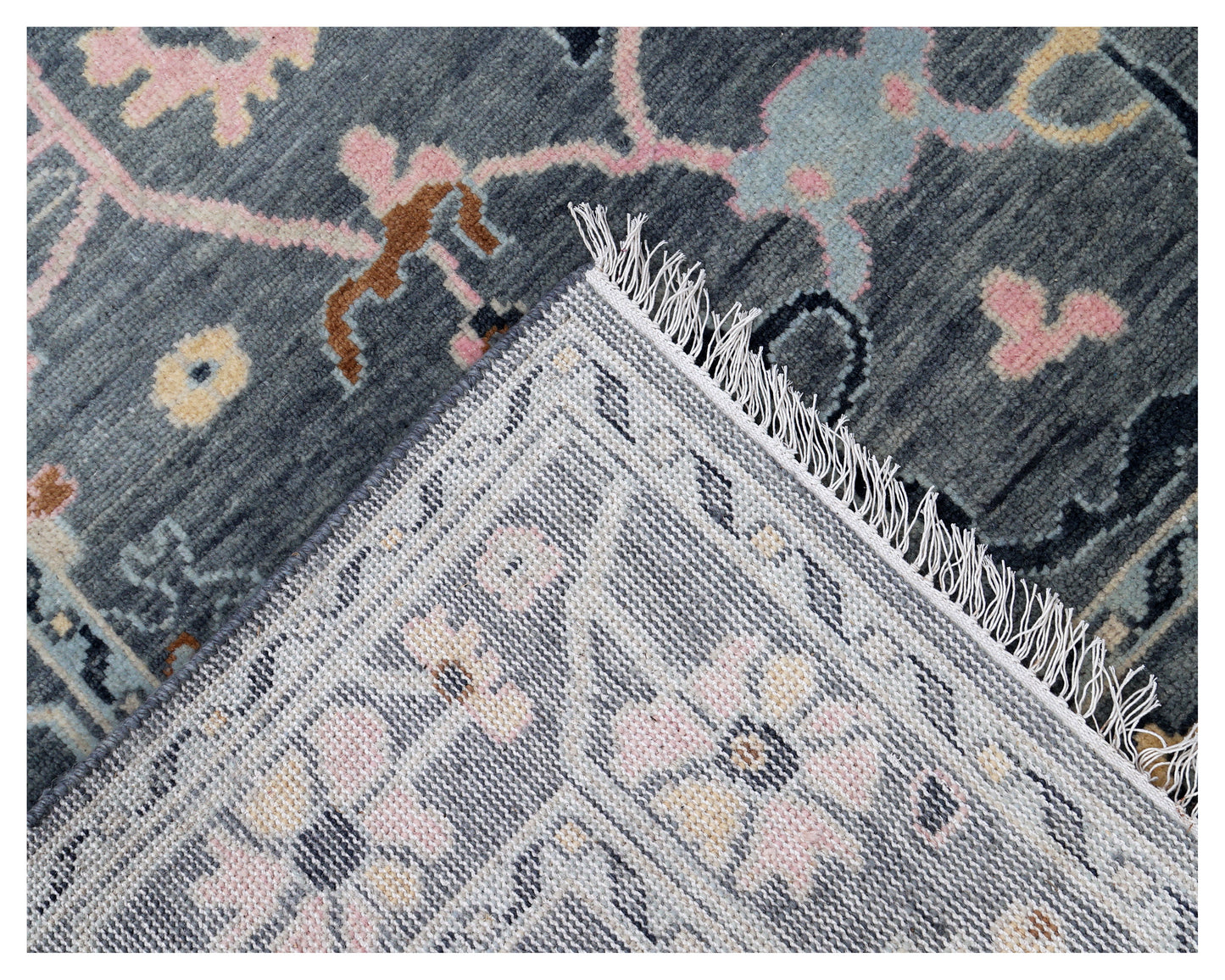Steel Grey Oushak Floral Vine Botanical Hand Knotted Wool Area Rug