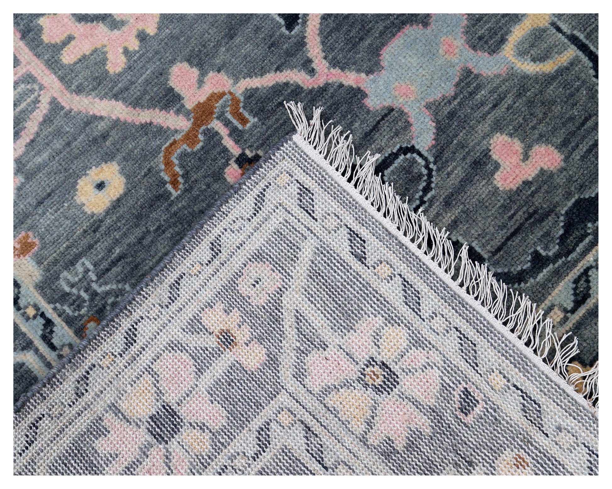 Steel Grey Oushak Floral Vine Botanical Hand Knotted Wool Area Rug