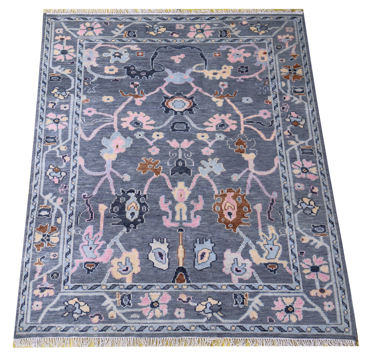 Steel Grey Oushak Floral Vine Botanical Hand Knotted Wool Area Rug