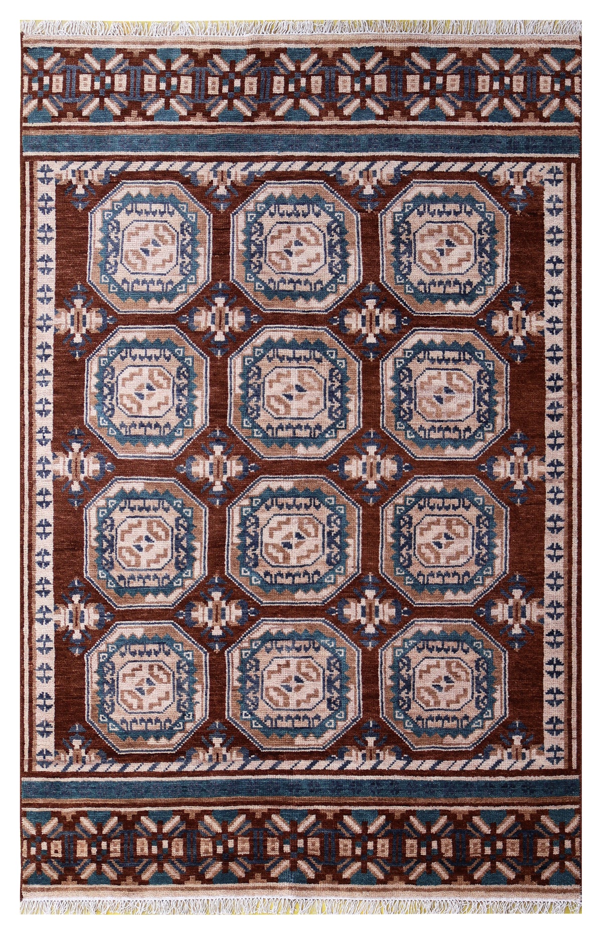 Bukhara Tribal Gul Medallion Grid Rust Brown Teal Hand Knotted Wool Area Rug