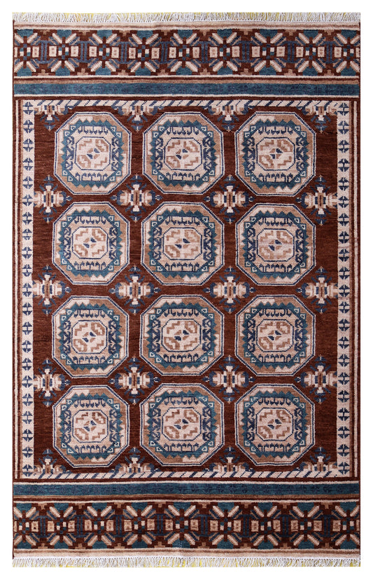 Bukhara Tribal Gul Medallion Grid Rust Brown Teal Hand Knotted Wool Area Rug
