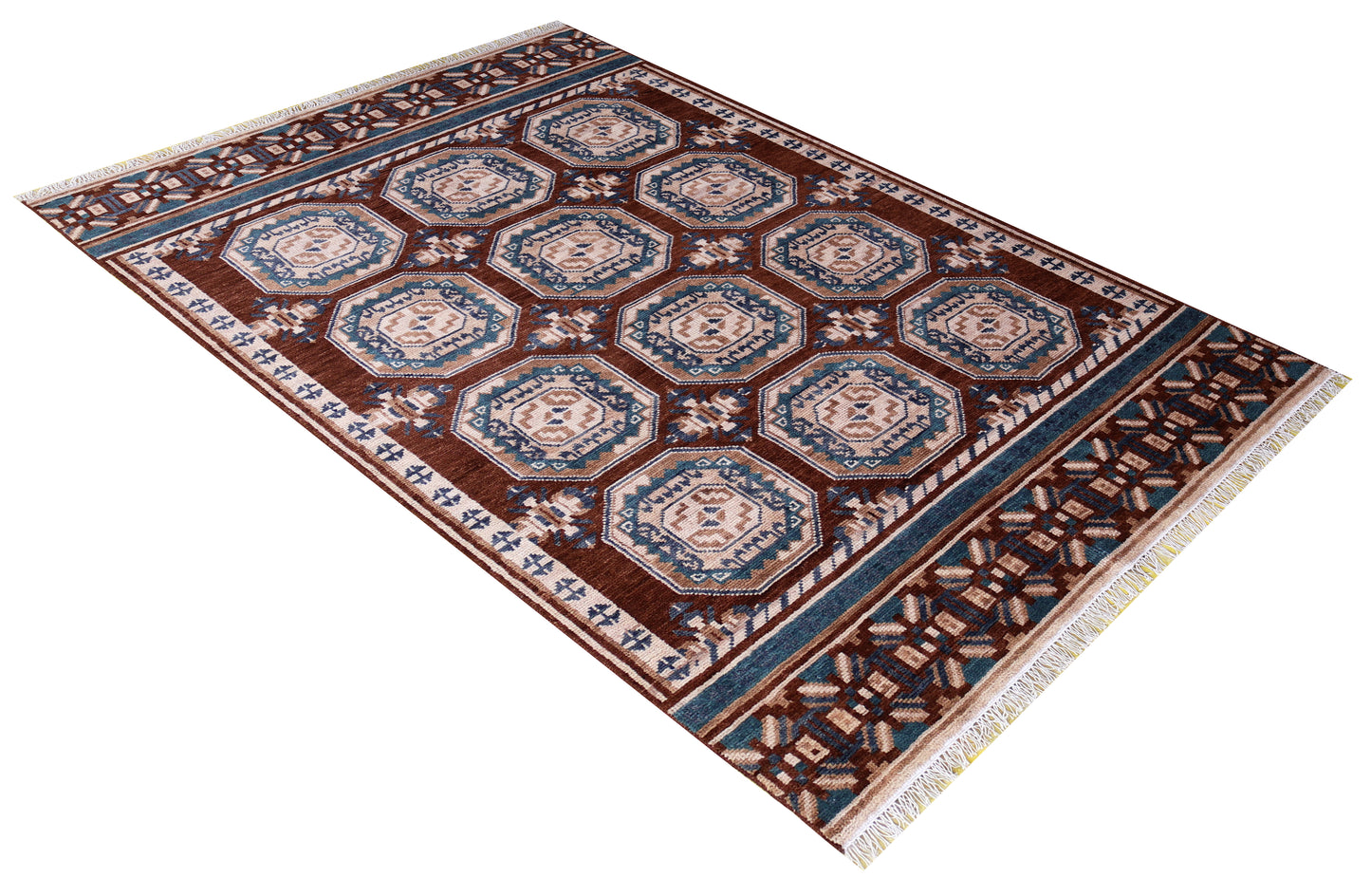 Bukhara Tribal Gul Medallion Grid Rust Brown Teal Hand Knotted Wool Area Rug