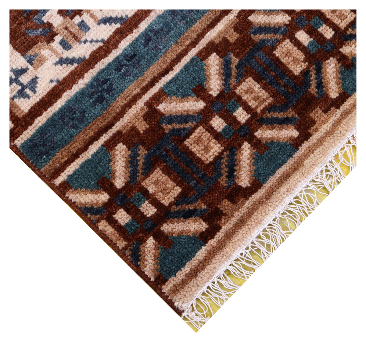 Bukhara Tribal Gul Medallion Grid Rust Brown Teal Hand Knotted Wool Area Rug