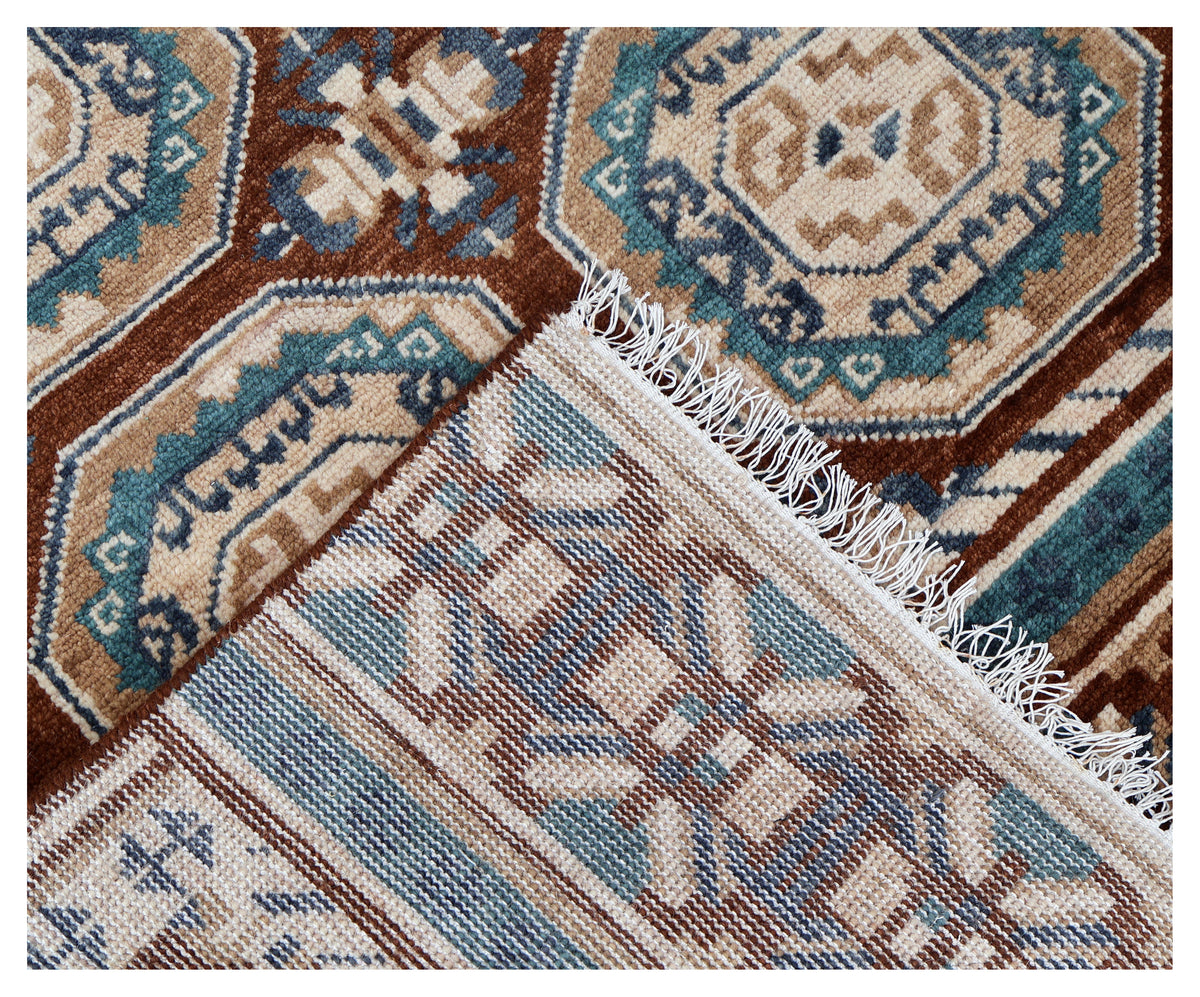 Bukhara Tribal Gul Medallion Grid Rust Brown Teal Hand Knotted Wool Area Rug