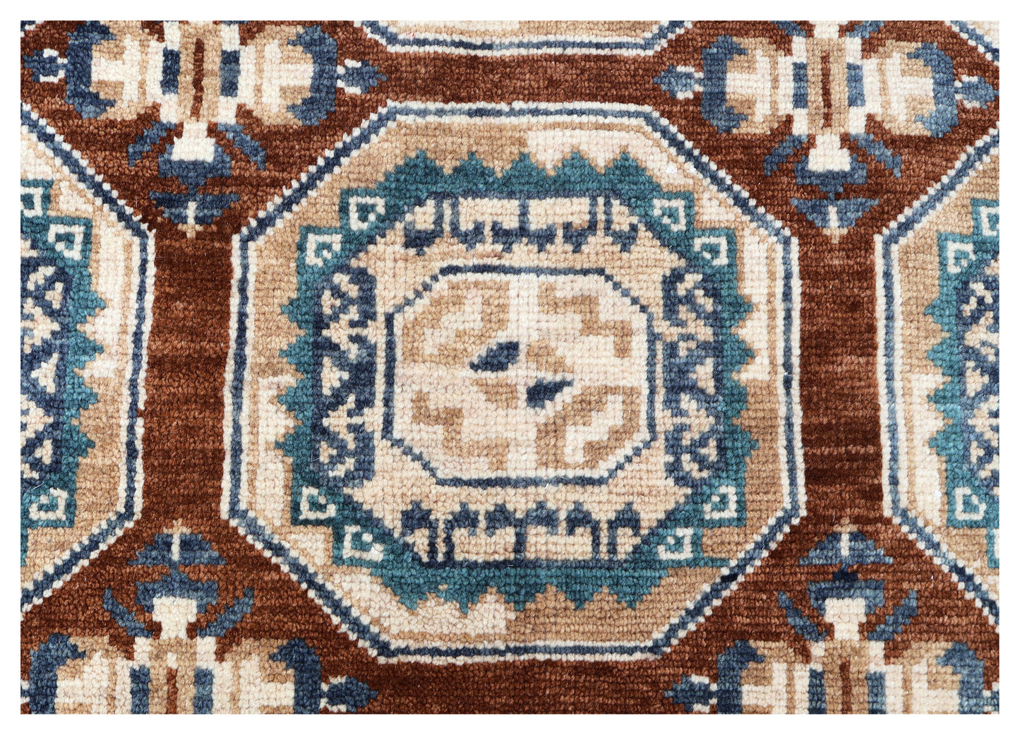 Bukhara Tribal Gul Medallion Grid Rust Brown Teal Hand Knotted Wool Area Rug