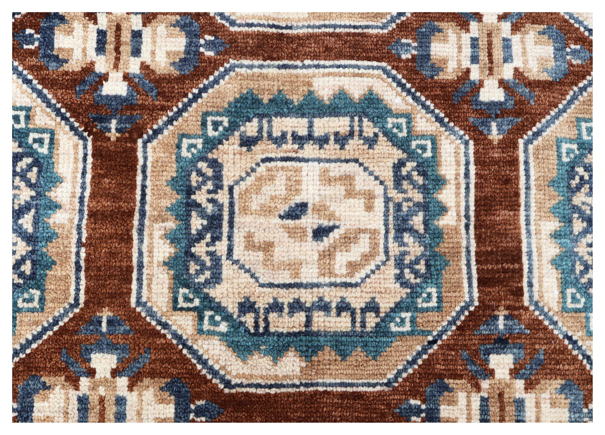 Bukhara Tribal Gul Medallion Grid Rust Brown Teal Hand Knotted Wool Area Rug