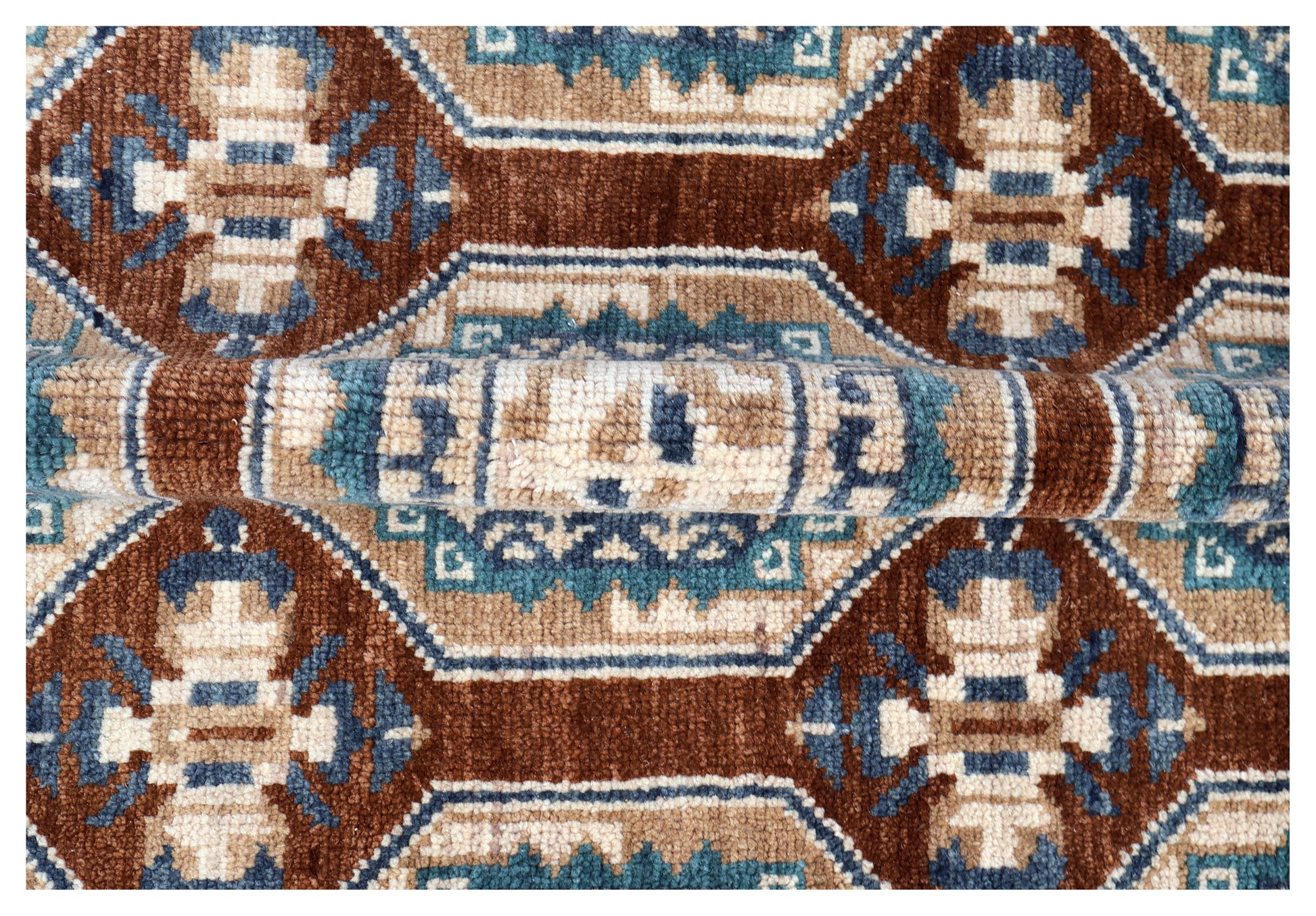 Bukhara Tribal Gul Medallion Grid Rust Brown Teal Hand Knotted Wool Area Rug