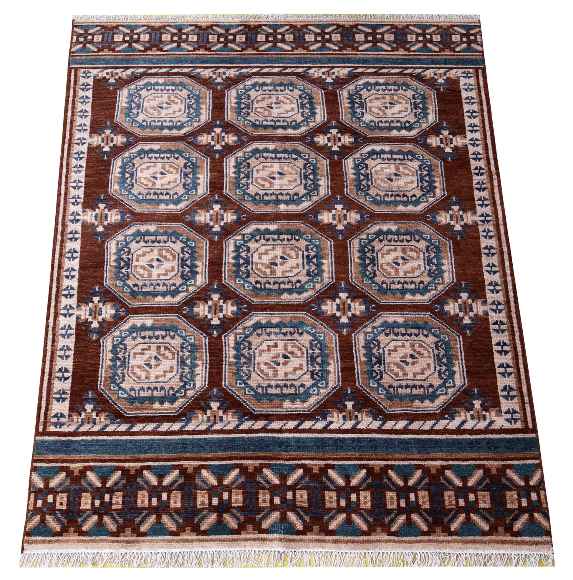Bukhara Tribal Gul Medallion Grid Rust Brown Teal Hand Knotted Wool Area Rug
