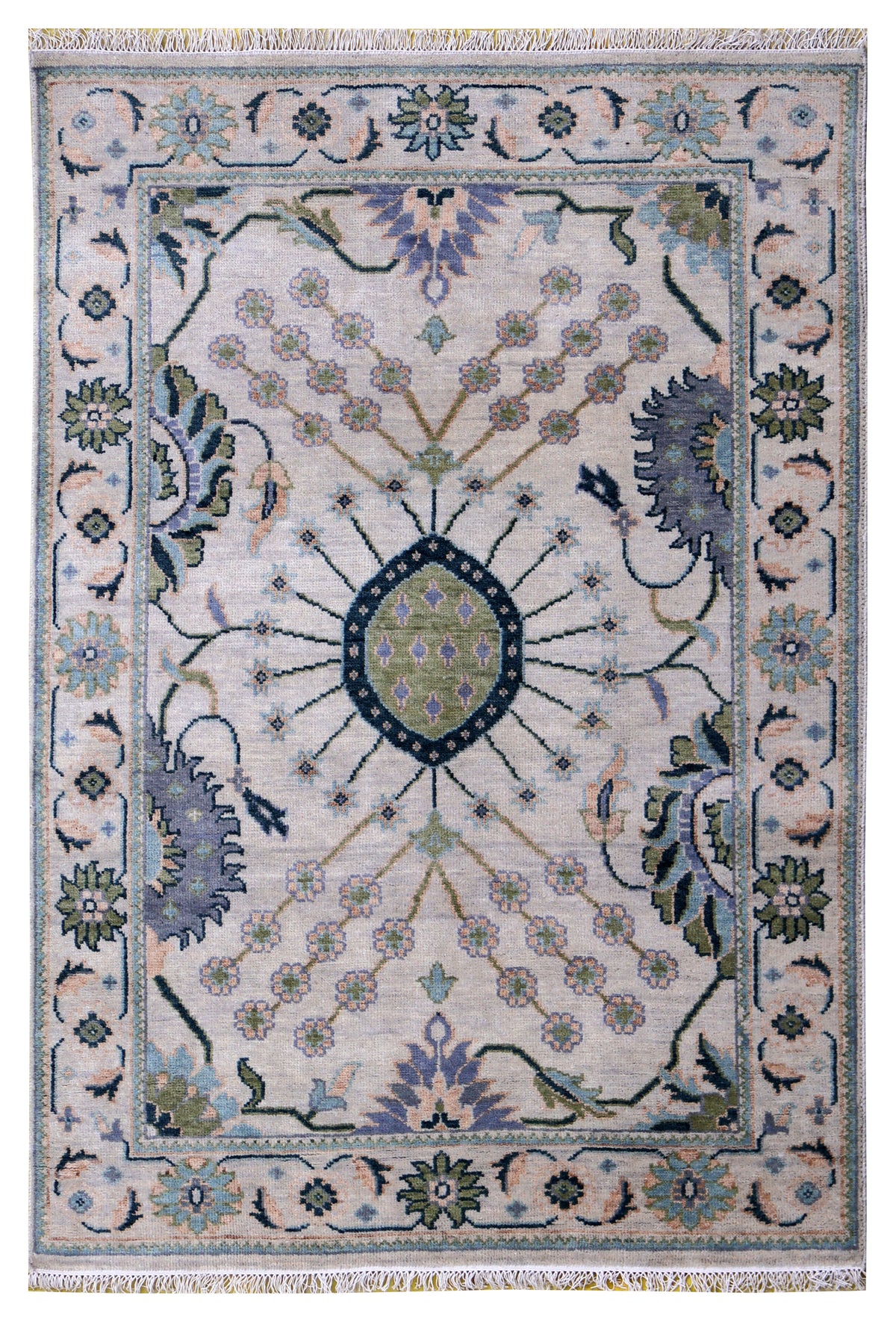 Ziegler Oushak Oval Medallion Floral Vine Silver Ivory Hand Knotted Wool Area Rug