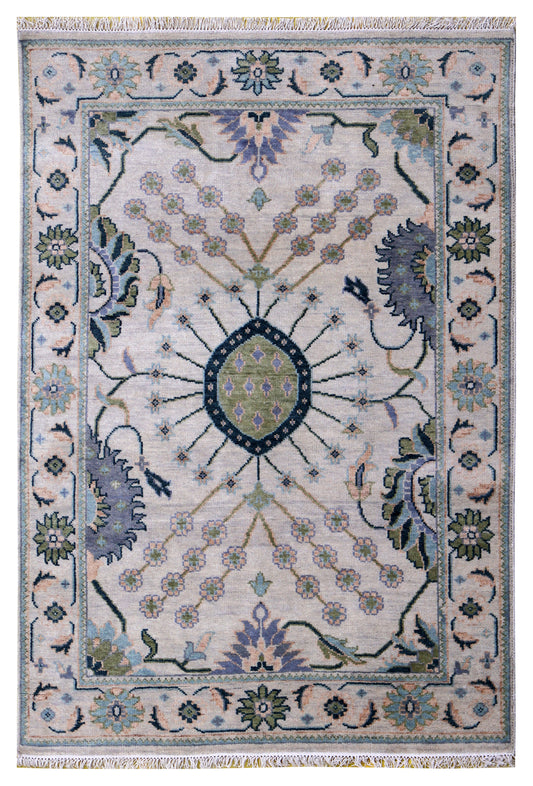 Ziegler Oushak Oval Medallion Floral Vine Silver Ivory Hand Knotted Wool Area Rug
