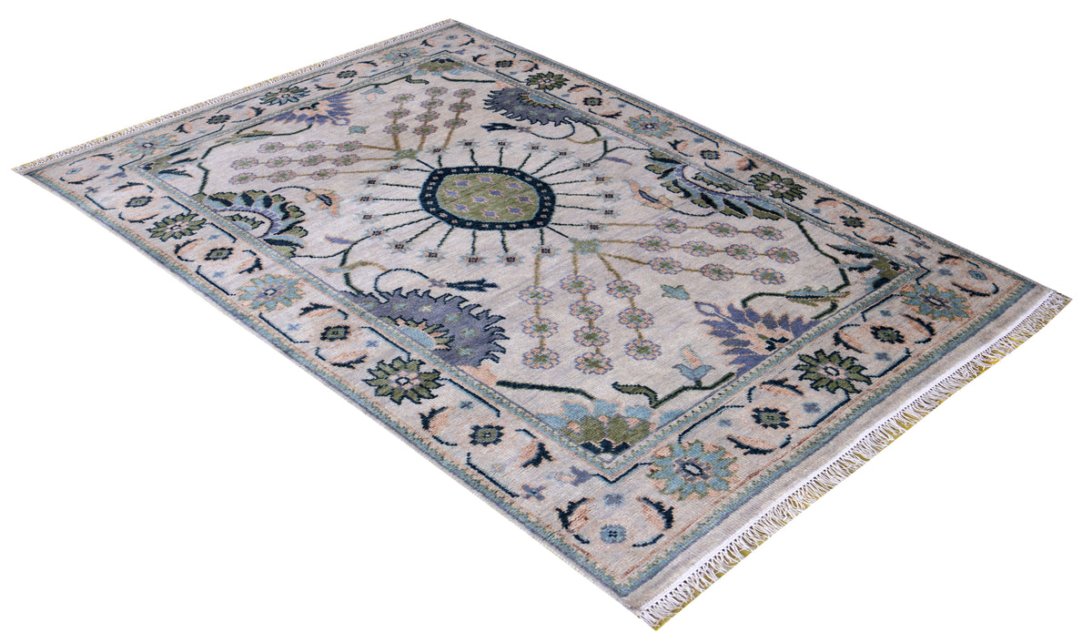 Ziegler Oushak Oval Medallion Floral Vine Silver Ivory Hand Knotted Wool Area Rug