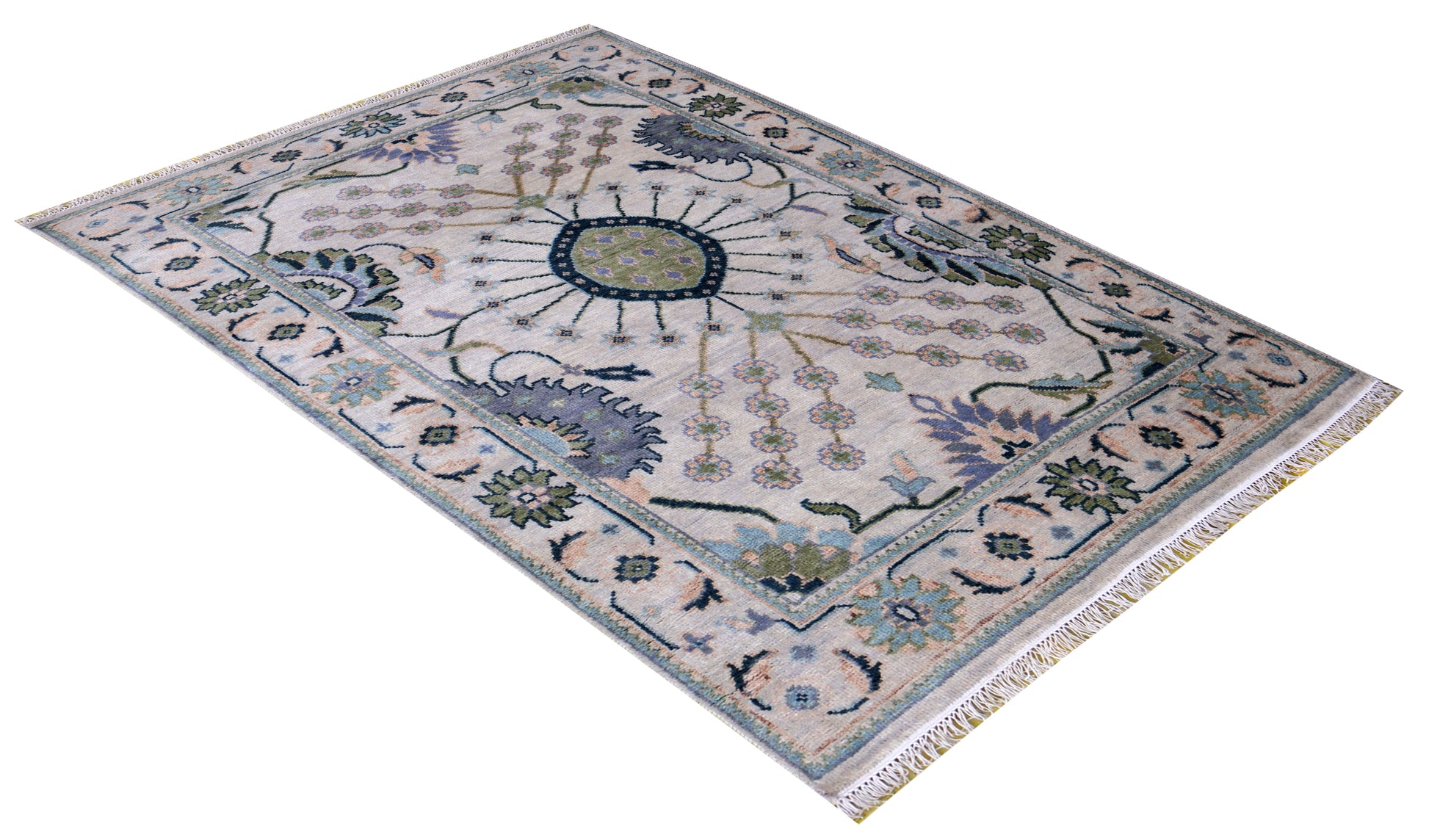 Ziegler Oushak Oval Medallion Floral Vine Silver Ivory Hand Knotted Wool Area Rug
