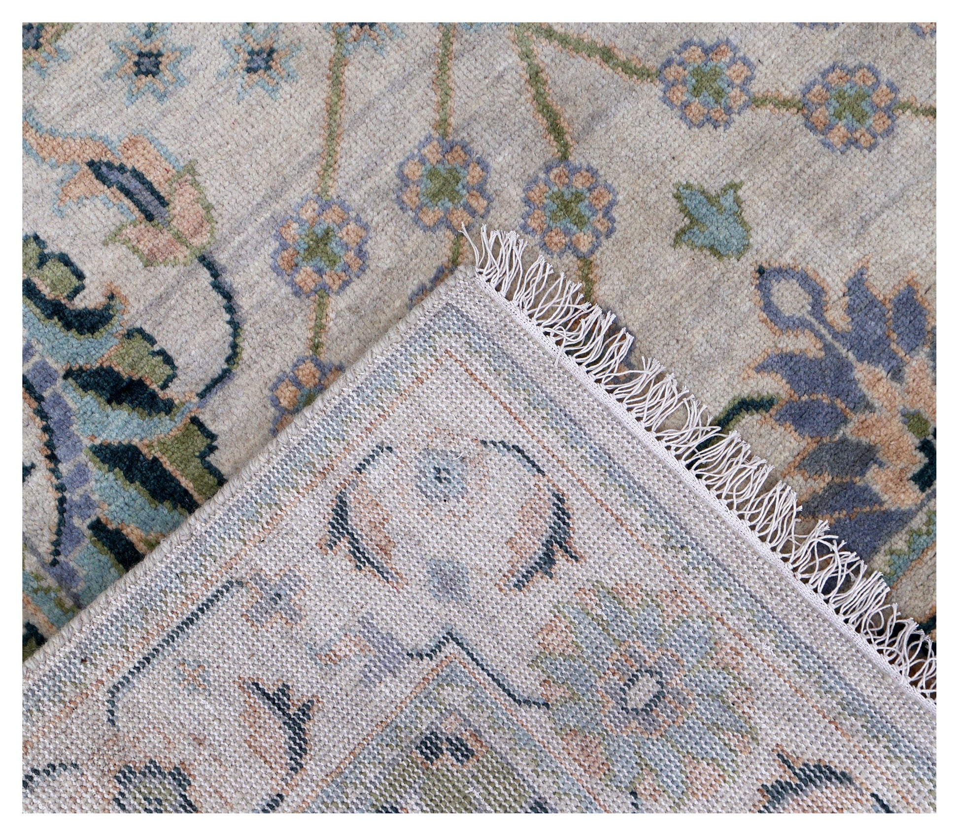 Ziegler Oushak Oval Medallion Floral Vine Silver Ivory Hand Knotted Wool Area Rug