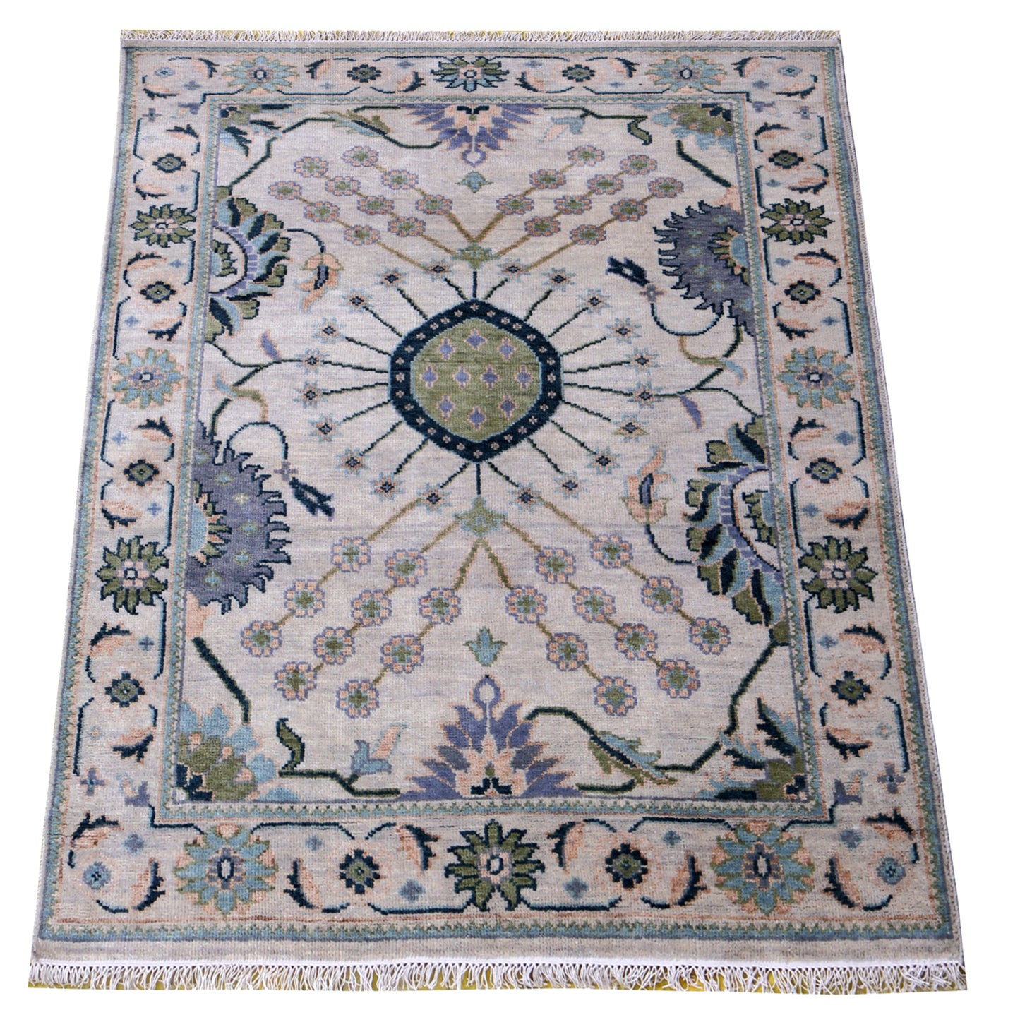 Ziegler Oushak Oval Medallion Floral Vine Silver Ivory Hand Knotted Wool Area Rug
