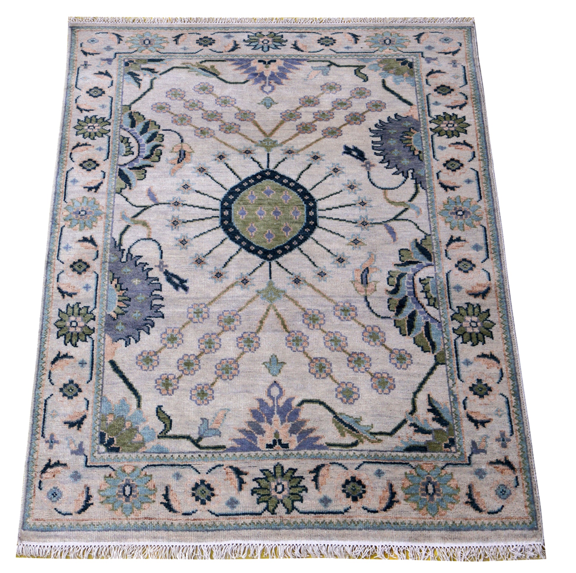 Ziegler Oushak Oval Medallion Floral Vine Silver Ivory Hand Knotted Wool Area Rug