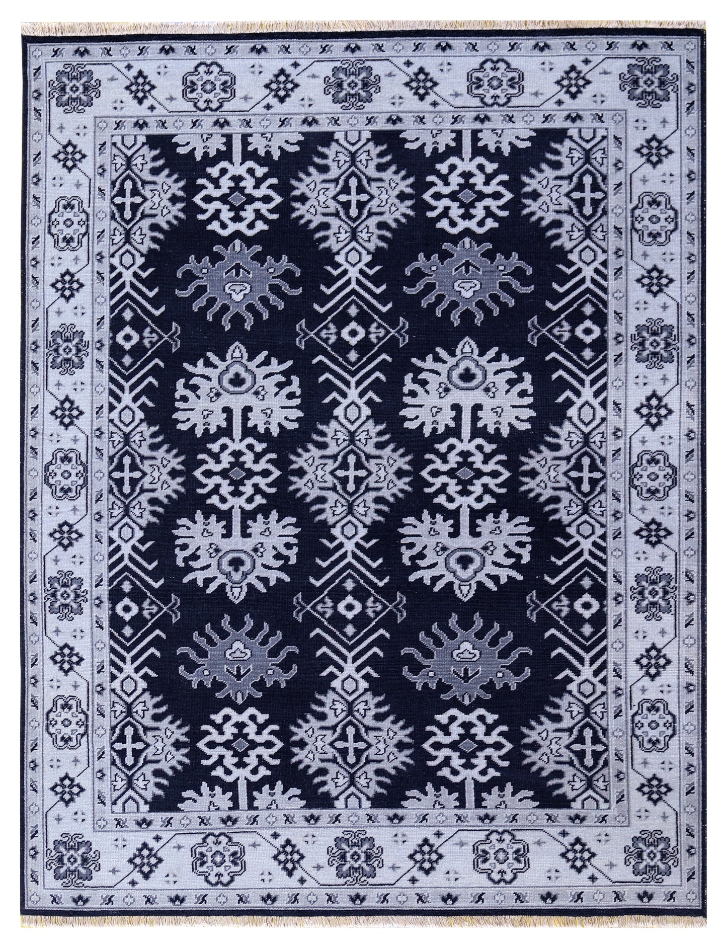 Navy Ivory Geometric Kazak Tribal Sunburst Wool Hand Knotted Traditional 8x10 Area Rug