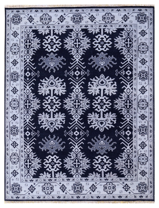 Navy Ivory Geometric Kazak Tribal Sunburst Wool Hand Knotted Traditional 8x10 Area Rug