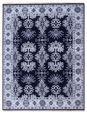 Navy Ivory Geometric Kazak Tribal Sunburst Wool Hand Knotted Traditional 8x10 Area Rug