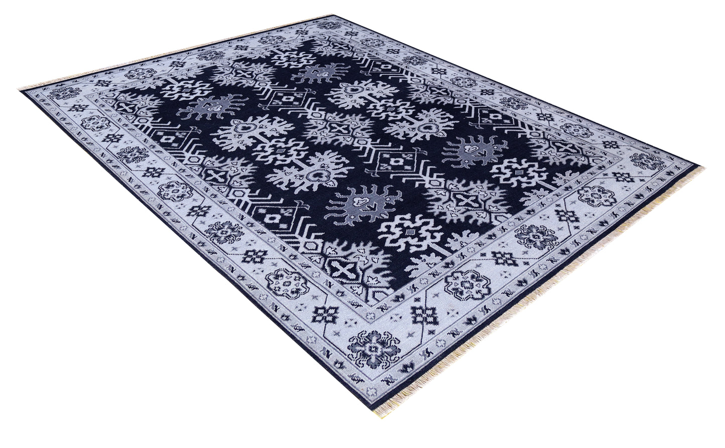 Navy Ivory Geometric Kazak Tribal Sunburst Wool Hand Knotted Traditional 8x10 Area Rug