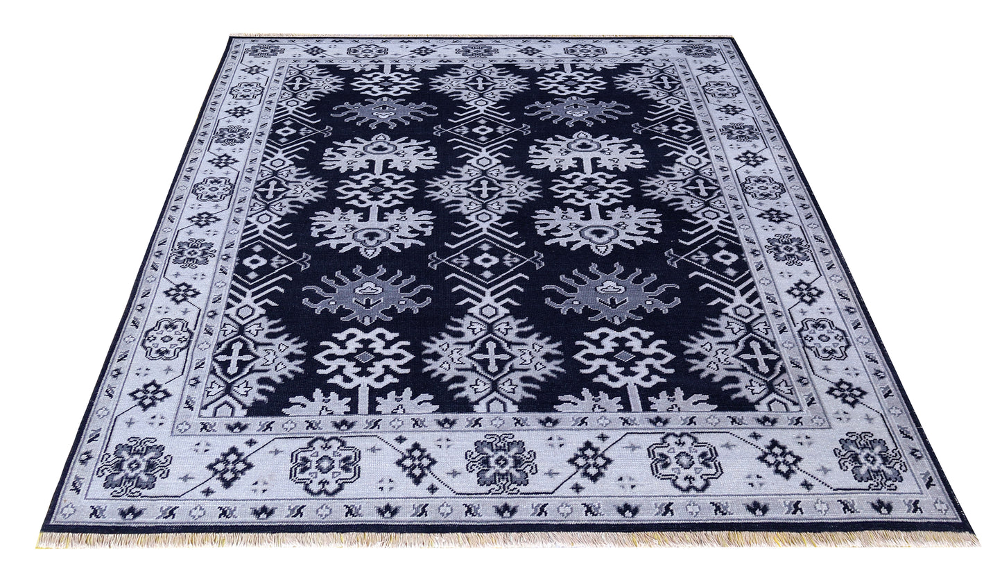 Navy Ivory Geometric Kazak Tribal Sunburst Wool Hand Knotted Traditional 8x10 Area Rug