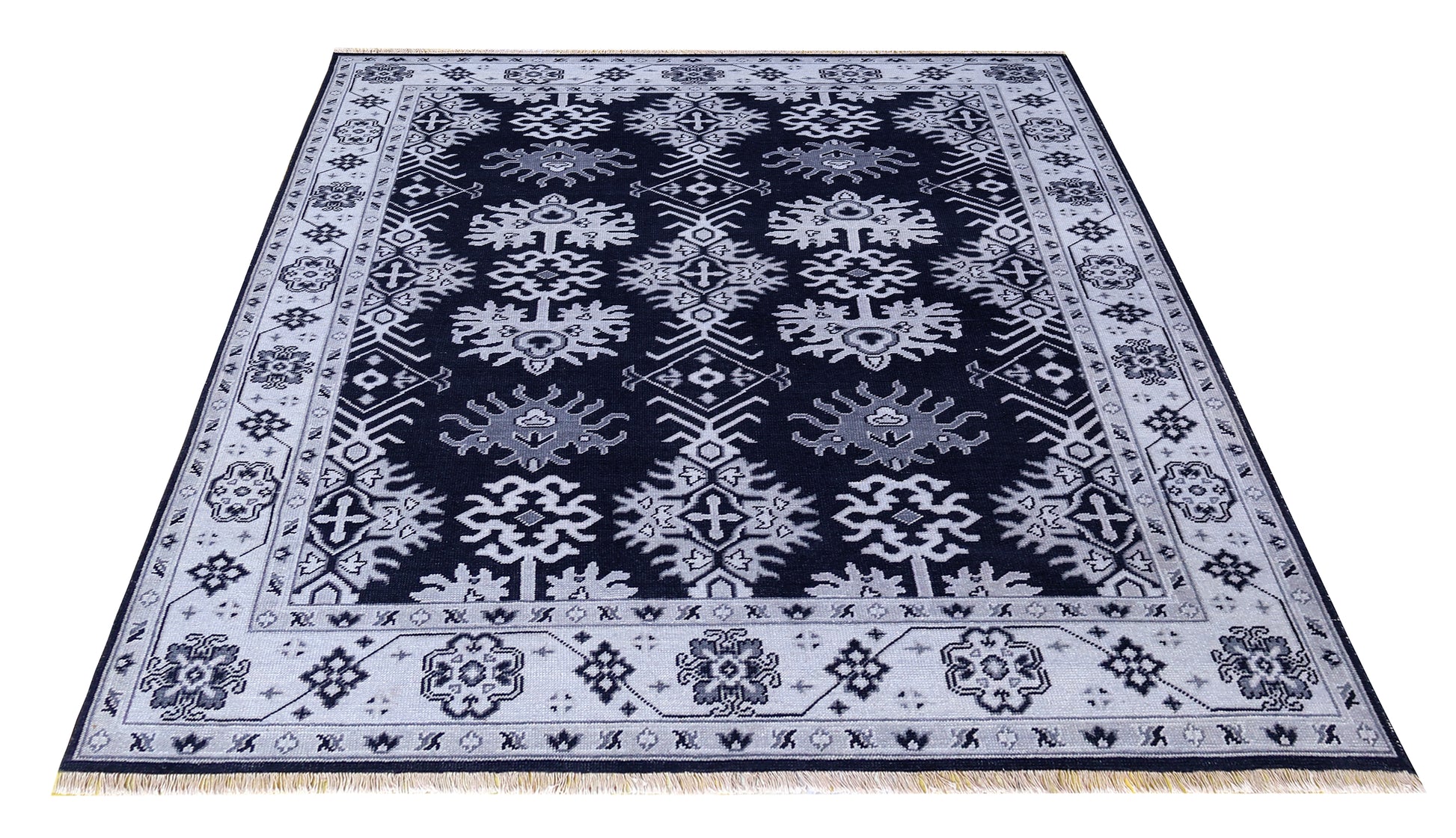 Navy Ivory Geometric Kazak Tribal Sunburst Wool Hand Knotted Traditional 8x10 Area Rug