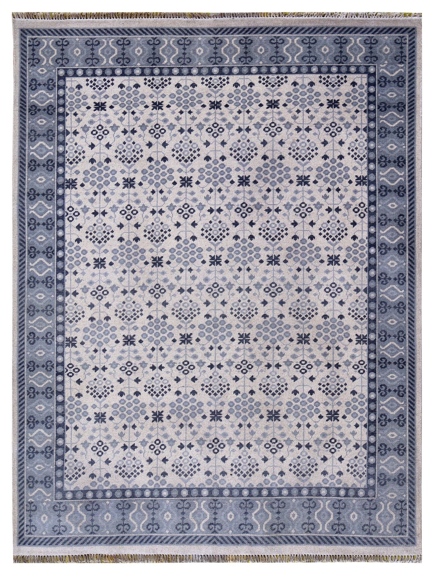 Ivory Grey Geometric Micro-Tile Cross-Stitch Wool Hand Knotted Modern 8x10 Area Rug