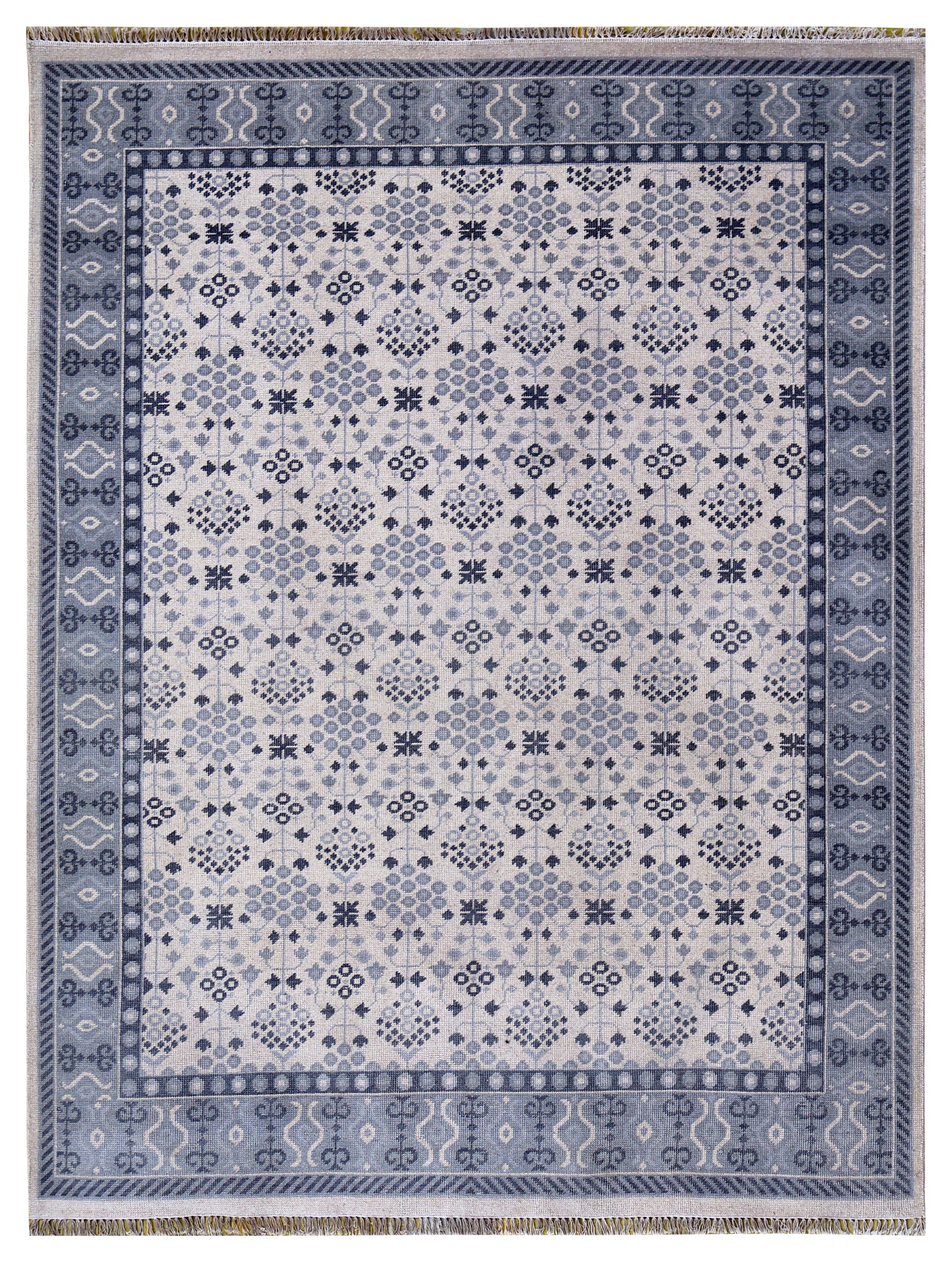 Ivory Grey Geometric Micro-Tile Cross-Stitch Wool Hand Knotted Modern 8x10 Area Rug