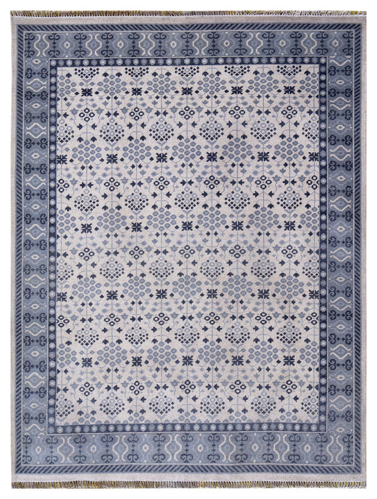 Ivory Grey Geometric Micro-Tile Cross-Stitch Wool Hand Knotted Modern 8x10 Area Rug