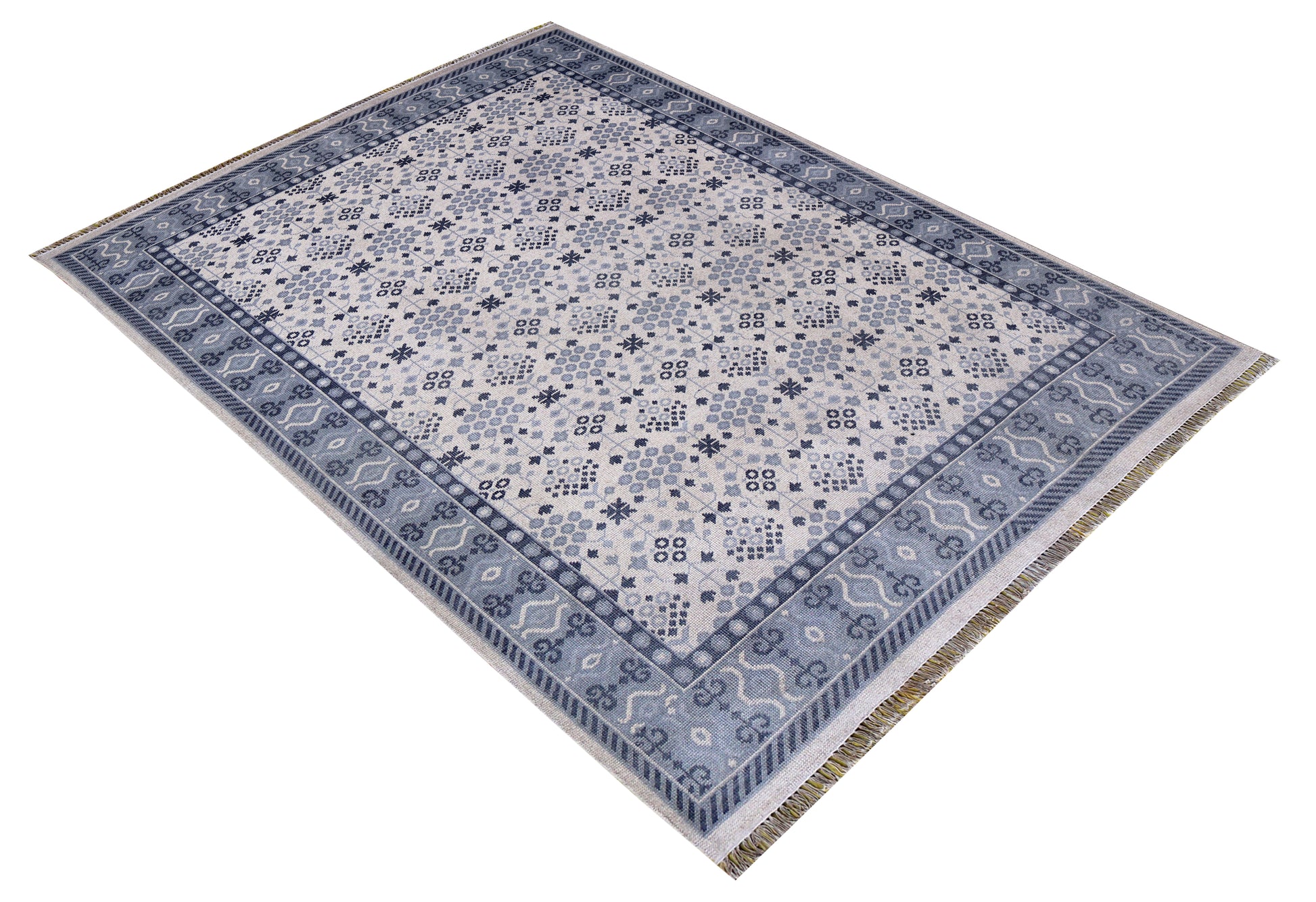 Ivory Grey Geometric Micro-Tile Cross-Stitch Wool Hand Knotted Modern 8x10 Area Rug