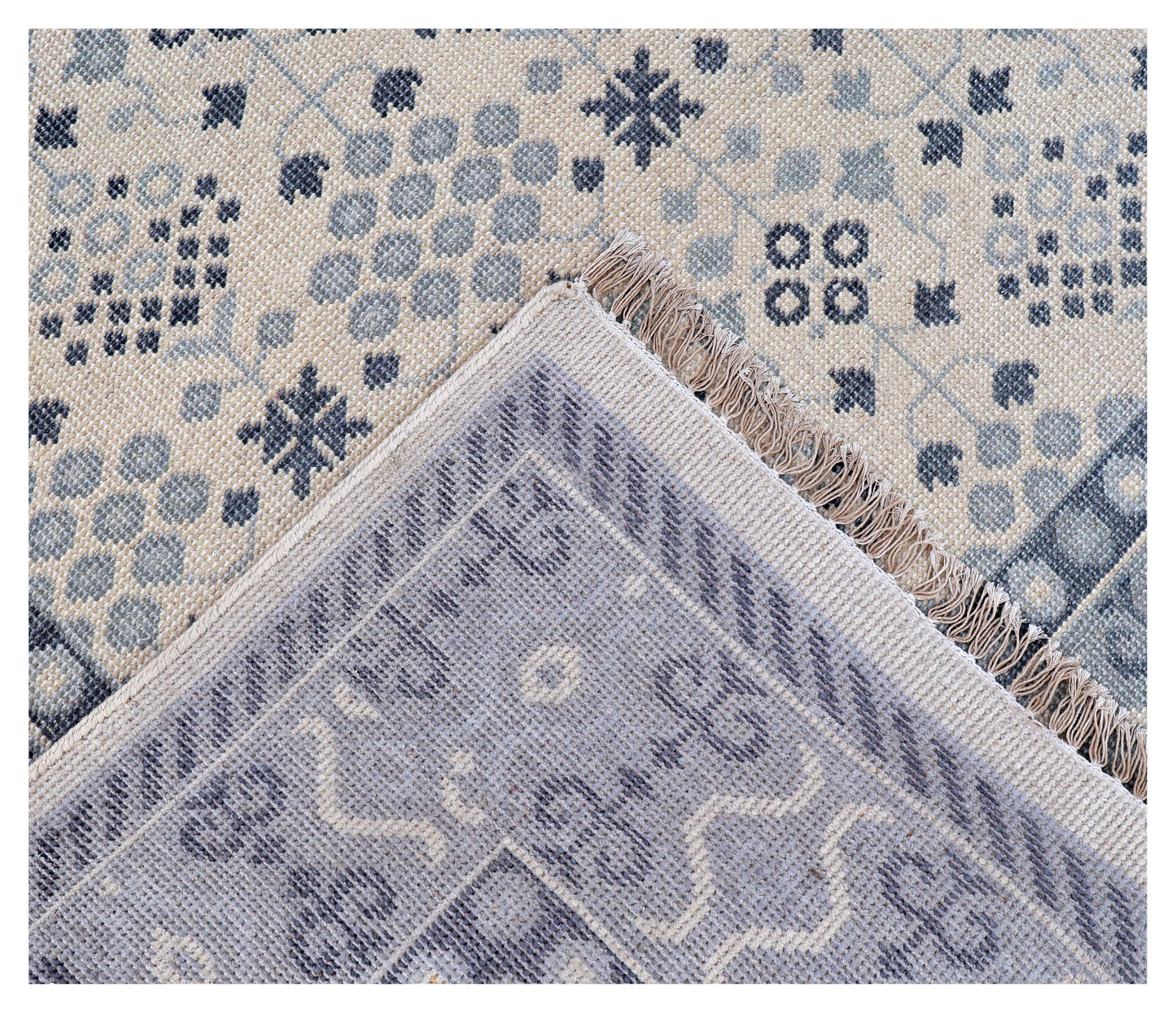 Ivory Grey Geometric Micro-Tile Cross-Stitch Wool Hand Knotted Modern 8x10 Area Rug