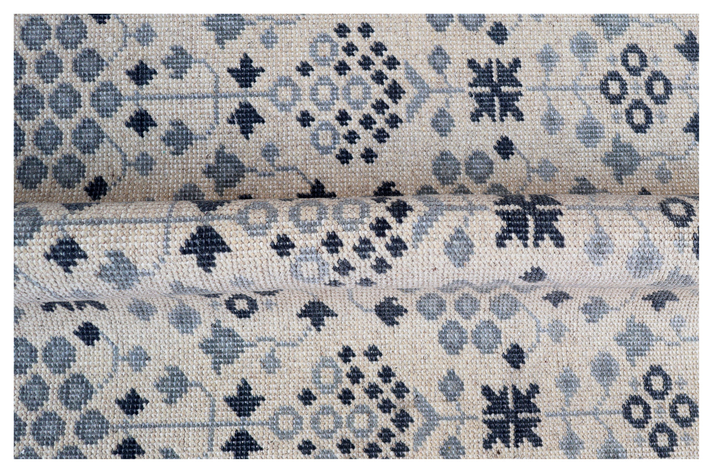 Ivory Grey Geometric Micro-Tile Cross-Stitch Wool Hand Knotted Modern 8x10 Area Rug