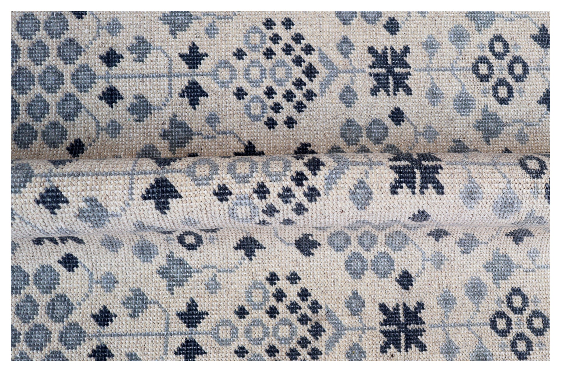 Ivory Grey Geometric Micro-Tile Cross-Stitch Wool Hand Knotted Modern 8x10 Area Rug