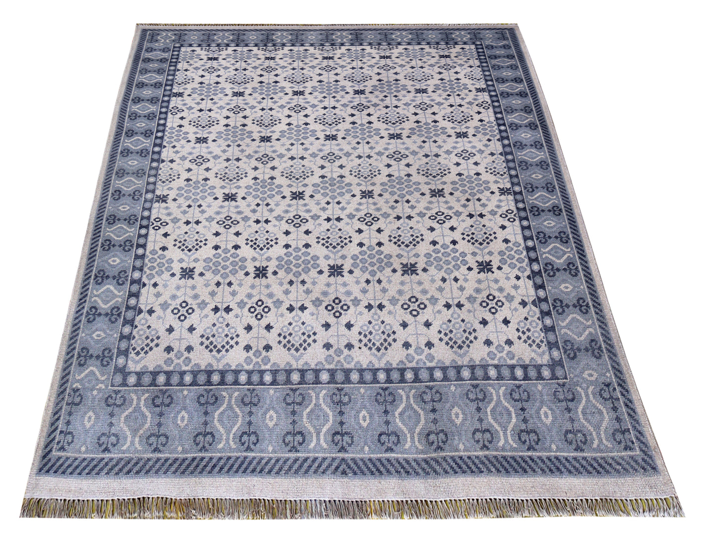 Ivory Grey Geometric Micro-Tile Cross-Stitch Wool Hand Knotted Modern 8x10 Area Rug