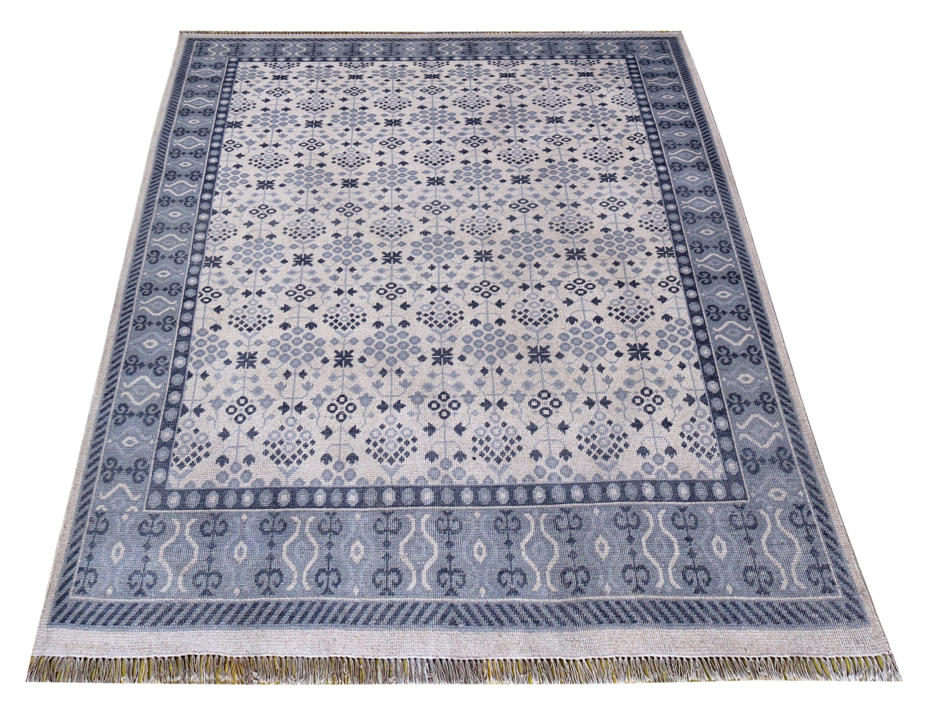 Ivory Grey Geometric Micro-Tile Cross-Stitch Wool Hand Knotted Modern 8x10 Area Rug